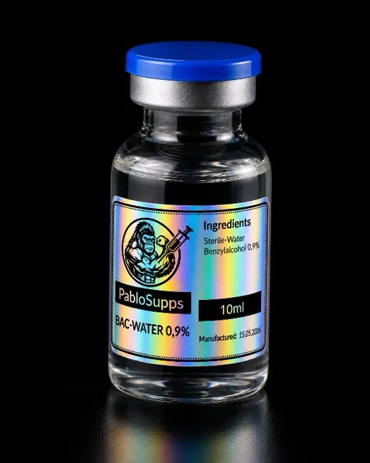 PabloSupps BAC-Wasser 10 mL Vial mit blauem Cap und Holo-Label