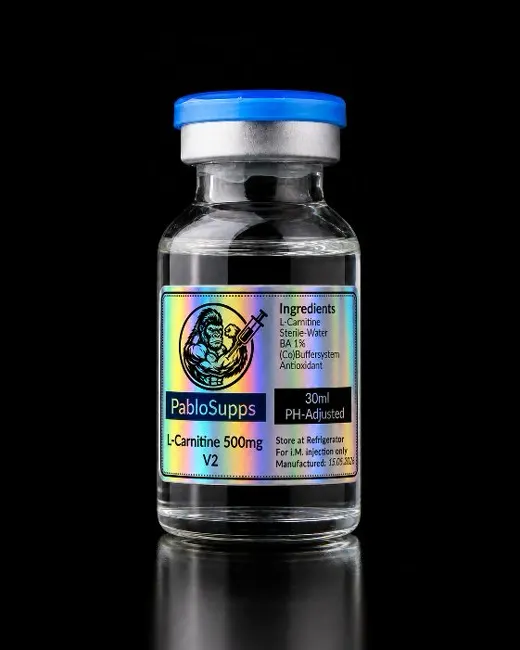 PabloSupps L-Carnitin 500 mg/mL Vial mit blauem Cap und Holo-Label
