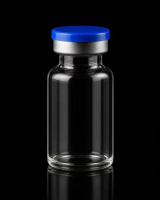 Steriles leeres Vial mit blauem Cap auf schwarzem Hintergrund